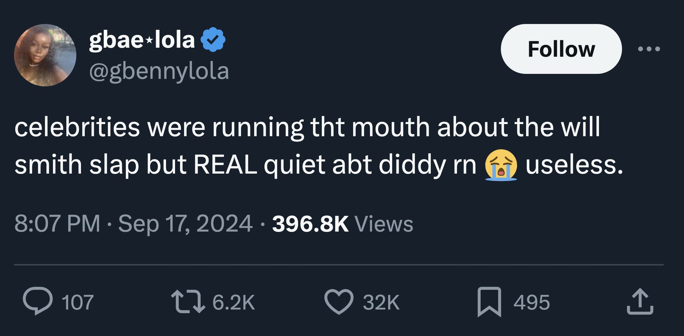 diddy tweets and reactions - screenshot - gbaelola celebrities were running tht mouth about the will smith slap but Real quiet abt diddy rn Views useless. 107 32K 495